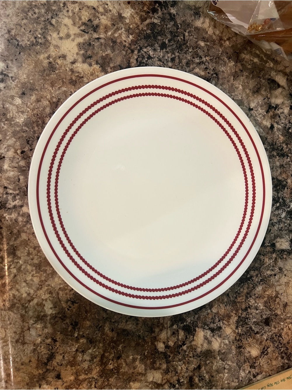 Corelle Ruby Red White Dinner Plate with Red Ringed Border